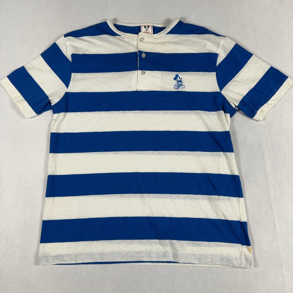 Disney Mickey Mouse‎ Striped Henley Shirt Vintage Made in USA Blue White Mens M